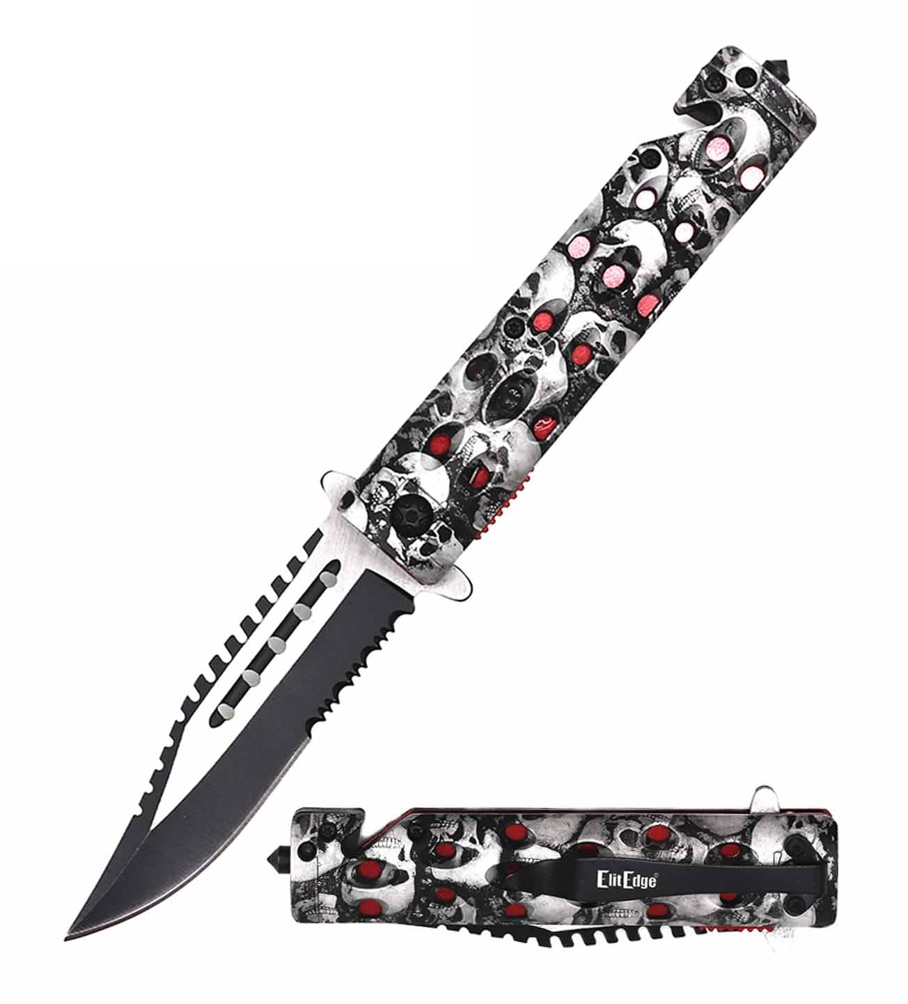 Day Zero Survival 2-Tone Serrated Skull Tactical Spring Assisted Folding Pocket Knife – Multiple Handle Designs