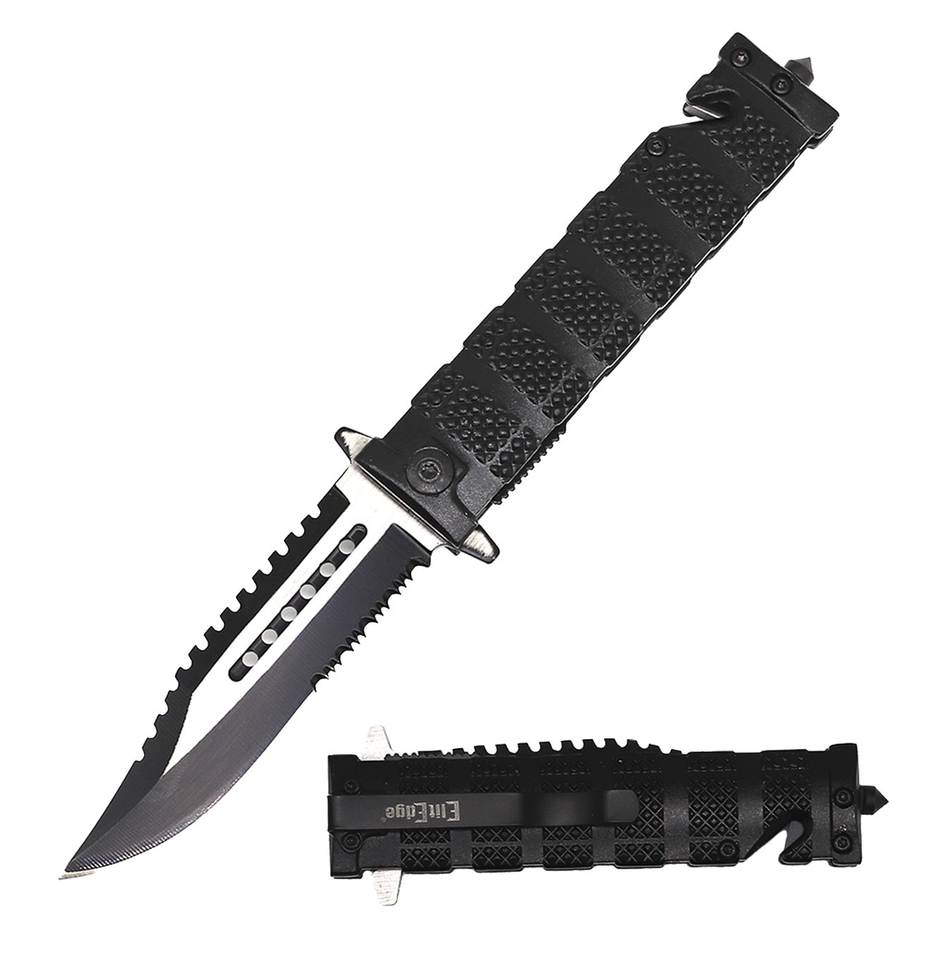 Day Zero Survival 8.5" Black Tactical Fighter Spring Assisted Rescue Pocket Knife