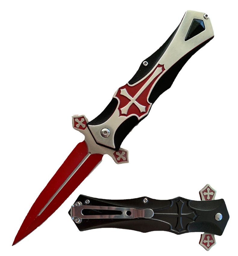 Day Zero Survival Crusader Cross Spring Assisted Pocket Knife – Red & Silver Collection