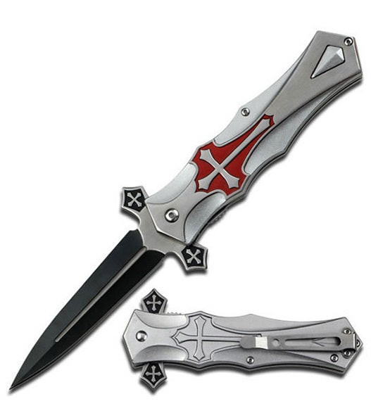 Day Zero Survival Crusader Cross Spring Assisted Pocket Knife – Red & Silver Collection