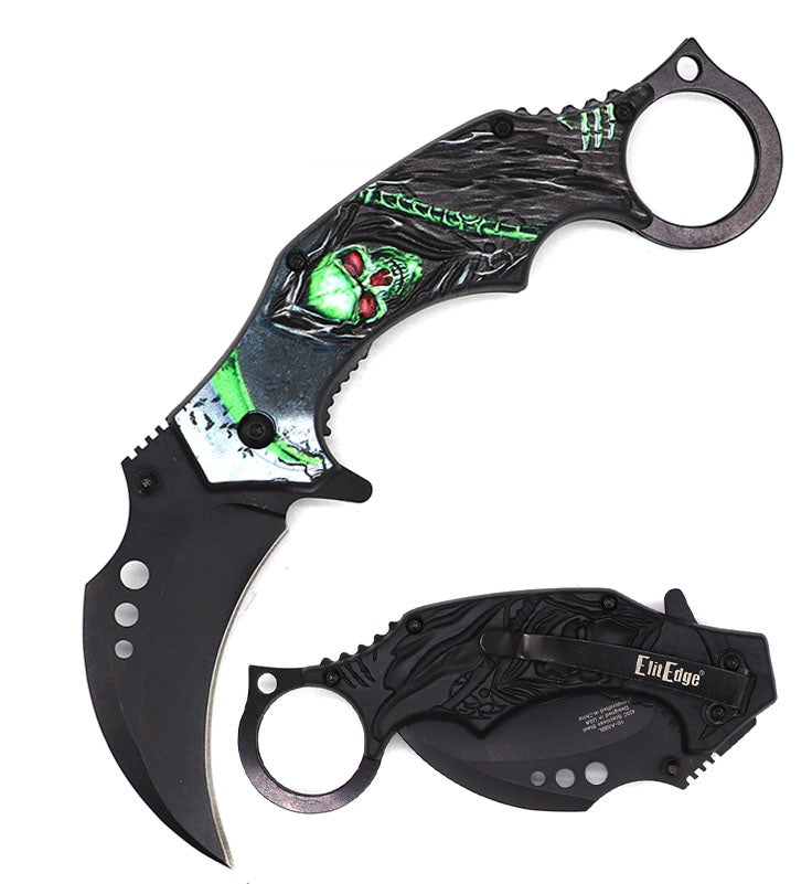 Day Zero Survival 7.25" Demon of Death Grim Reaper Karambit Spring Assisted Folding Pocket Knife – Multi-Color Collection