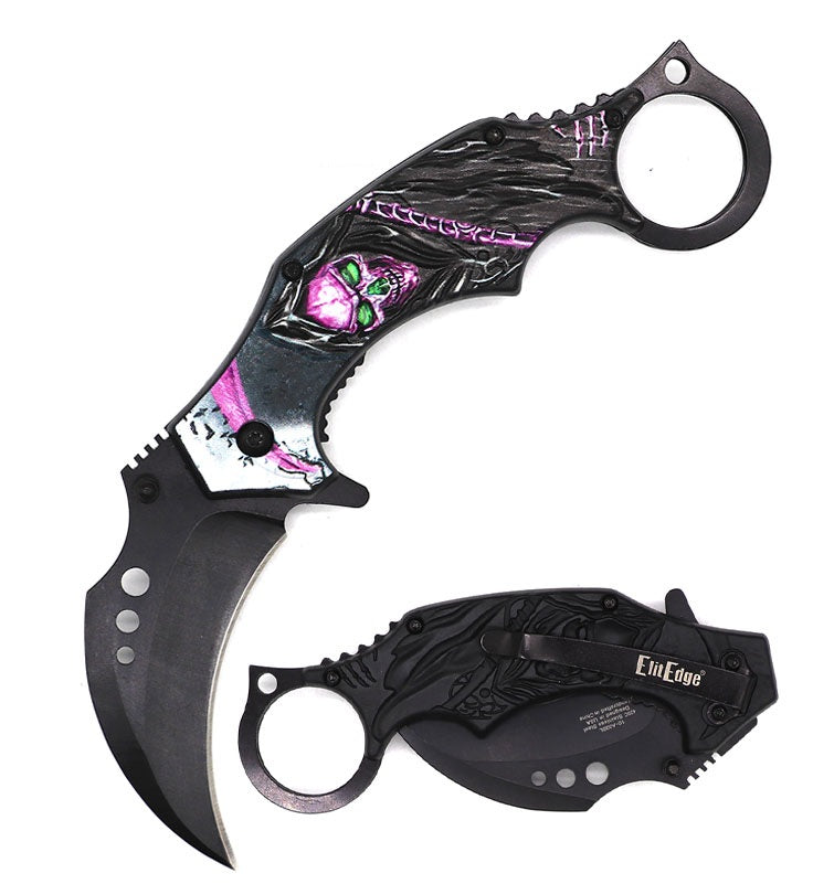 Day Zero Survival 7.25" Demon of Death Grim Reaper Karambit Spring Assisted Folding Pocket Knife – Multi-Color Collection