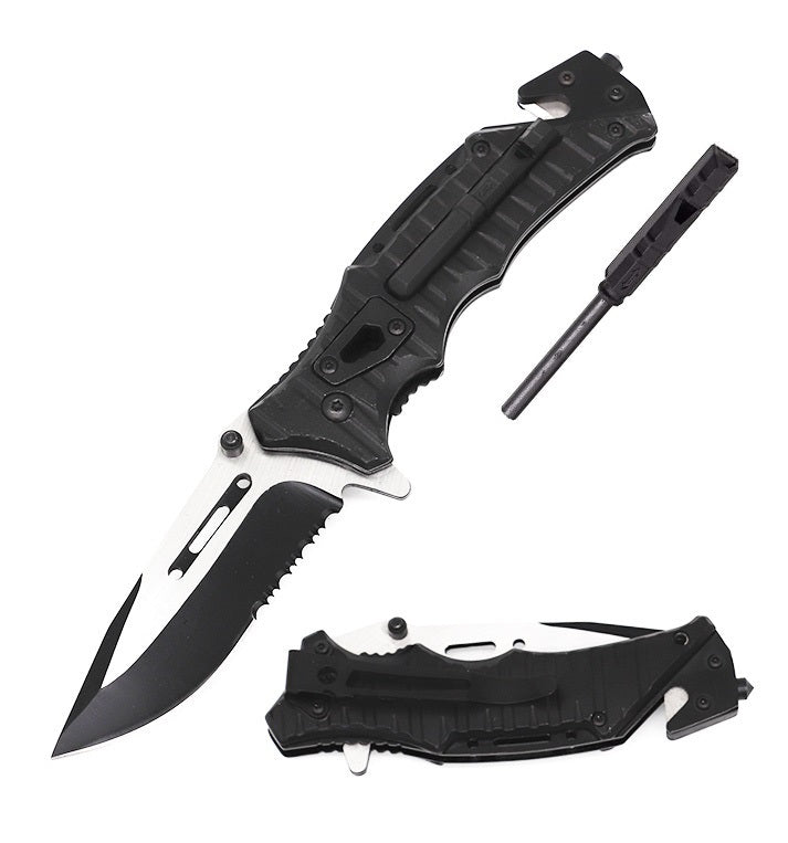 Day Zero Survival Tactical Spring Assisted Rescue Knife with Fire Starter, Whistle & Glass Breaker – Multiple Designs