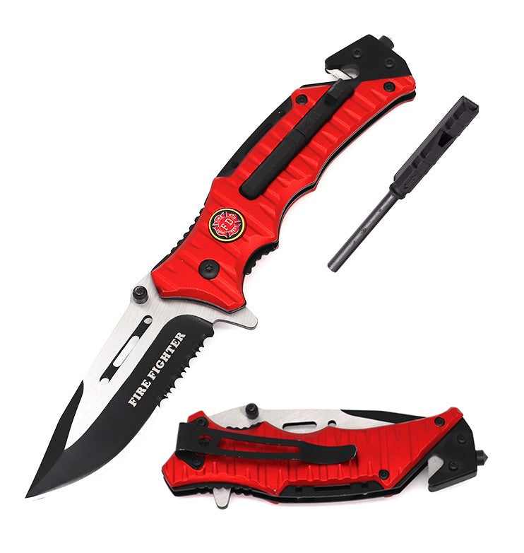 Day Zero Survival Tactical Spring Assisted Rescue Knife with Fire Starter, Whistle & Glass Breaker – Multiple Designs