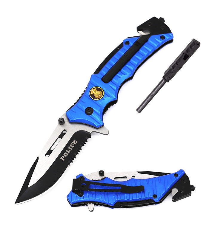 Day Zero Survival Tactical Spring Assisted Rescue Knife with Fire Starter, Whistle & Glass Breaker – Multiple Designs
