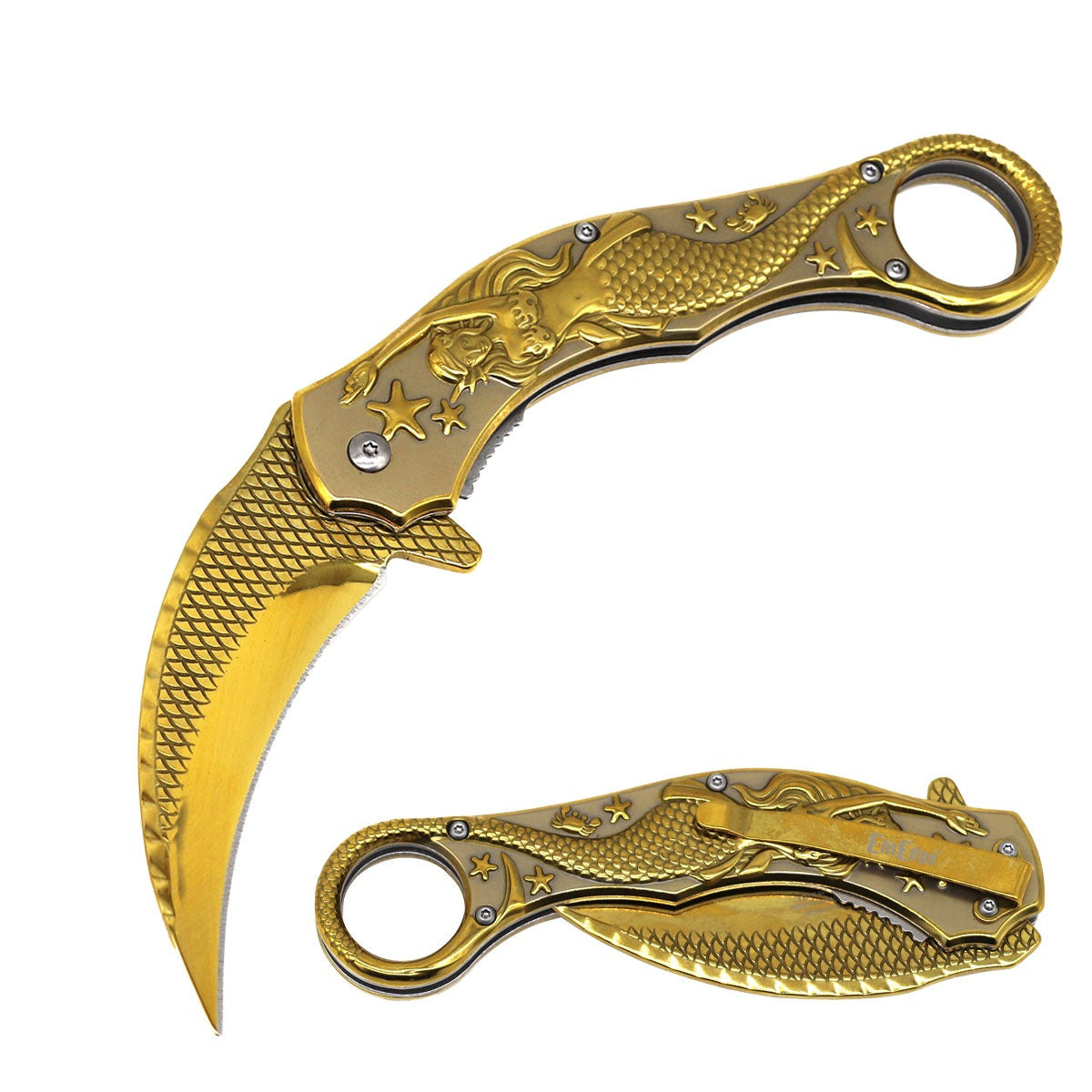 Day Zero Survival 9" Mermaid Sculpture Karambit Spring Assisted Folding Pocket Knife – Multi-Color Collection