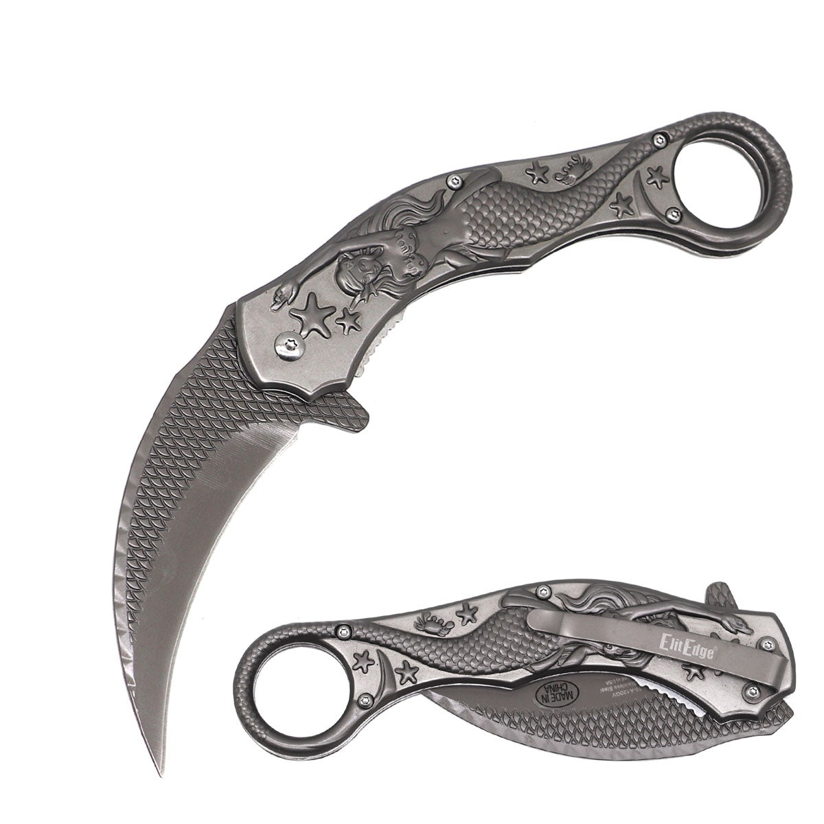 Day Zero Survival 9" Mermaid Sculpture Karambit Spring Assisted Folding Pocket Knife – Multi-Color Collection