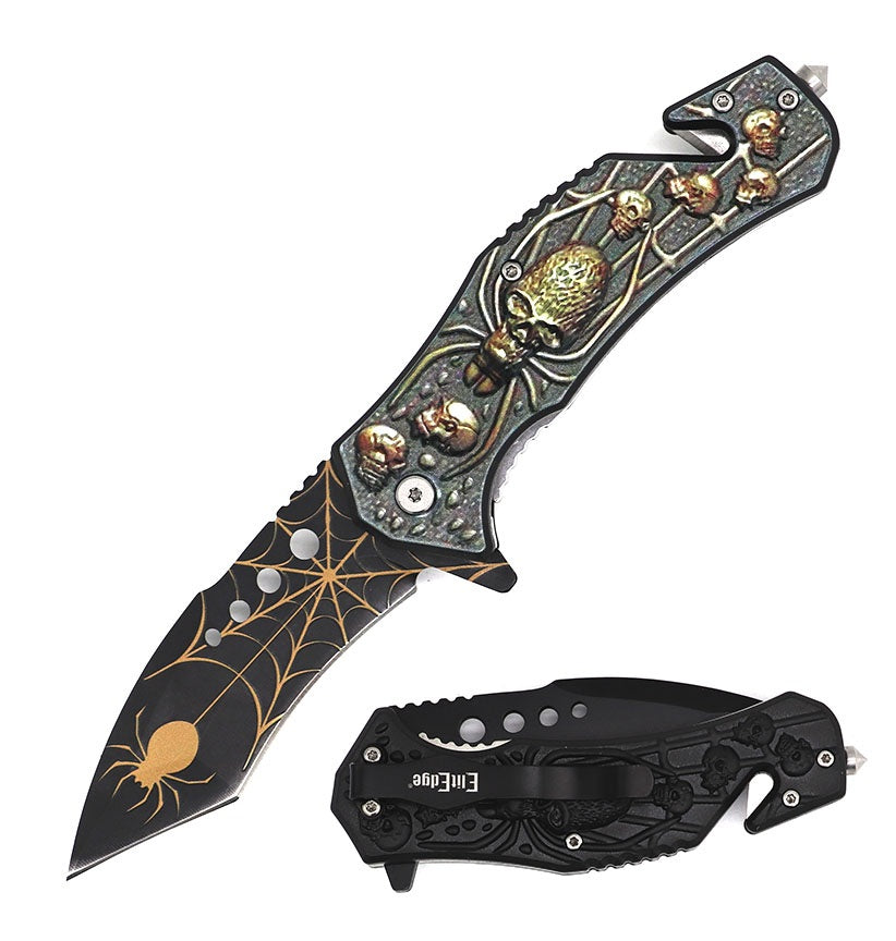 Day Zero Survival 8.5" Spider Skull Tactical Rescue Spring Assisted Folding Pocket Knife – Multiple Colors