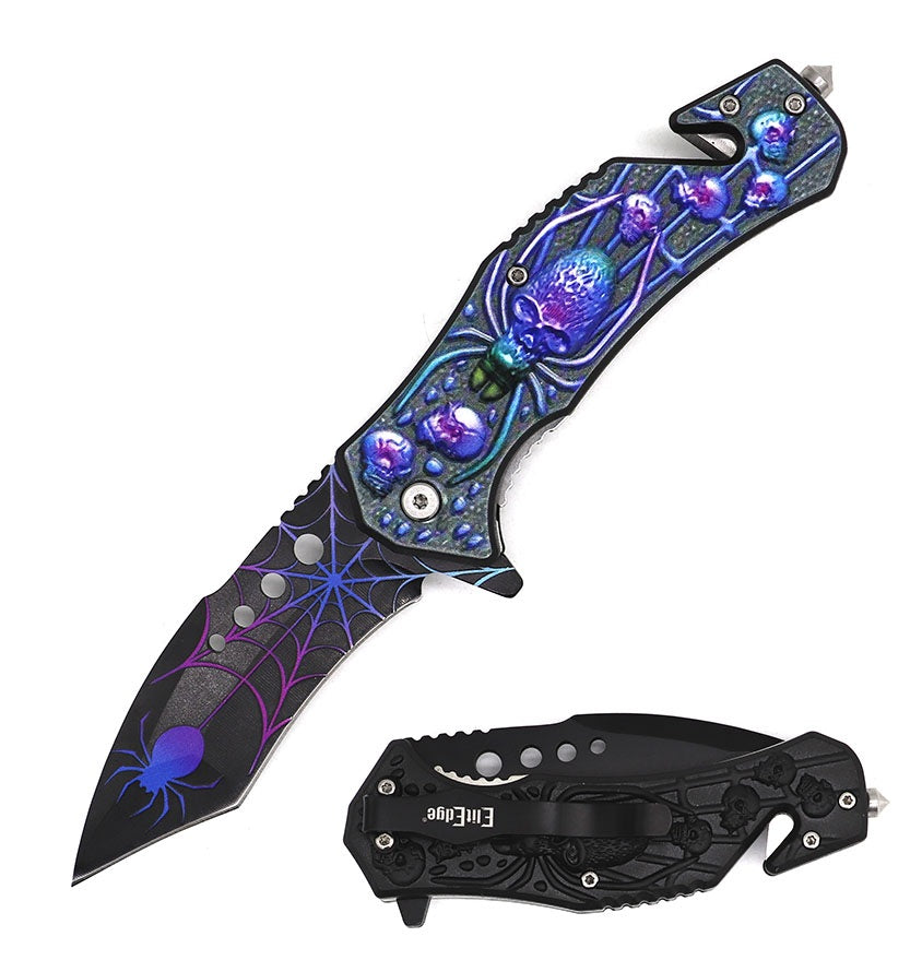Day Zero Survival 8.5" Spider Skull Tactical Rescue Spring Assisted Folding Pocket Knife – Multiple Colors