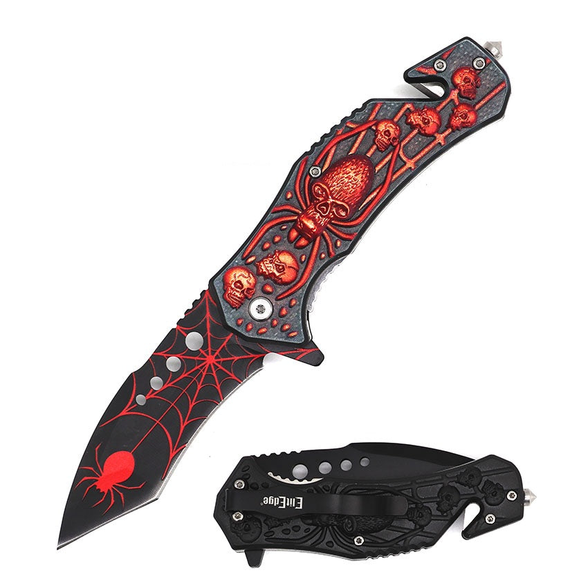 Day Zero Survival 8.5" Spider Skull Tactical Rescue Spring Assisted Folding Pocket Knife – Multiple Colors