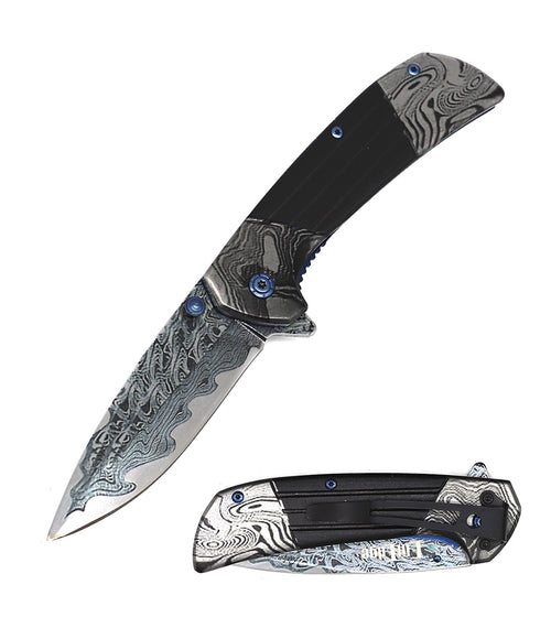 8" Heavy Titanium Damascus Etched Stainless Steel Spring Assisted Pocket Knife - 2 Color Selection