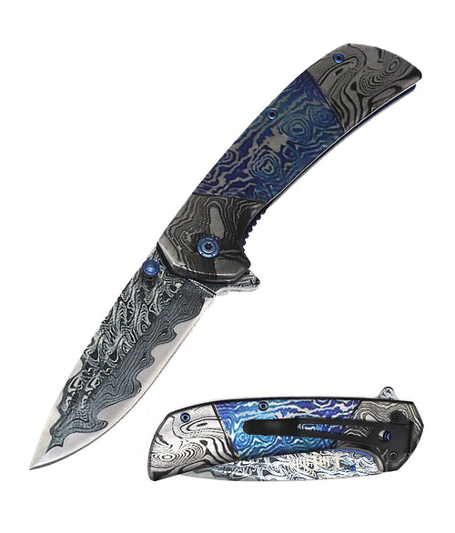 8" Heavy Titanium Damascus Etched Stainless Steel Spring Assisted Pocket Knife - 2 Color Selection