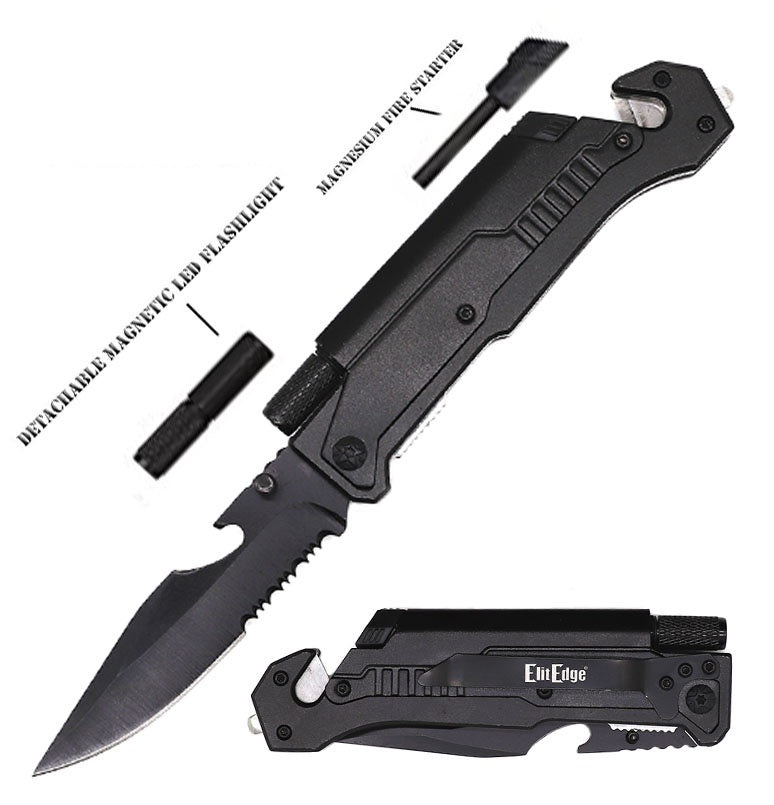 Day Zero Survival 8.5" 6-in-1 Survival Rescue Spring Assisted Pocket Knife with LED Light