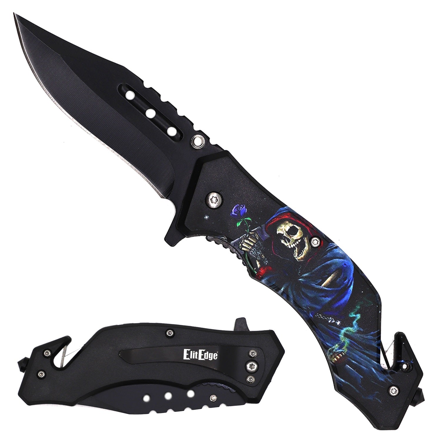 Day Zero Survival 8.25" Tactical Rescue Spring Assisted Folding Pocket Knife – Skull Series
