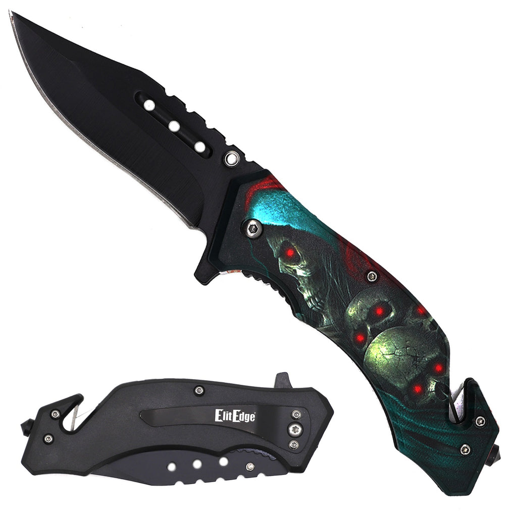 Day Zero Survival 8.25" Tactical Rescue Spring Assisted Folding Pocket Knife – Skull Series