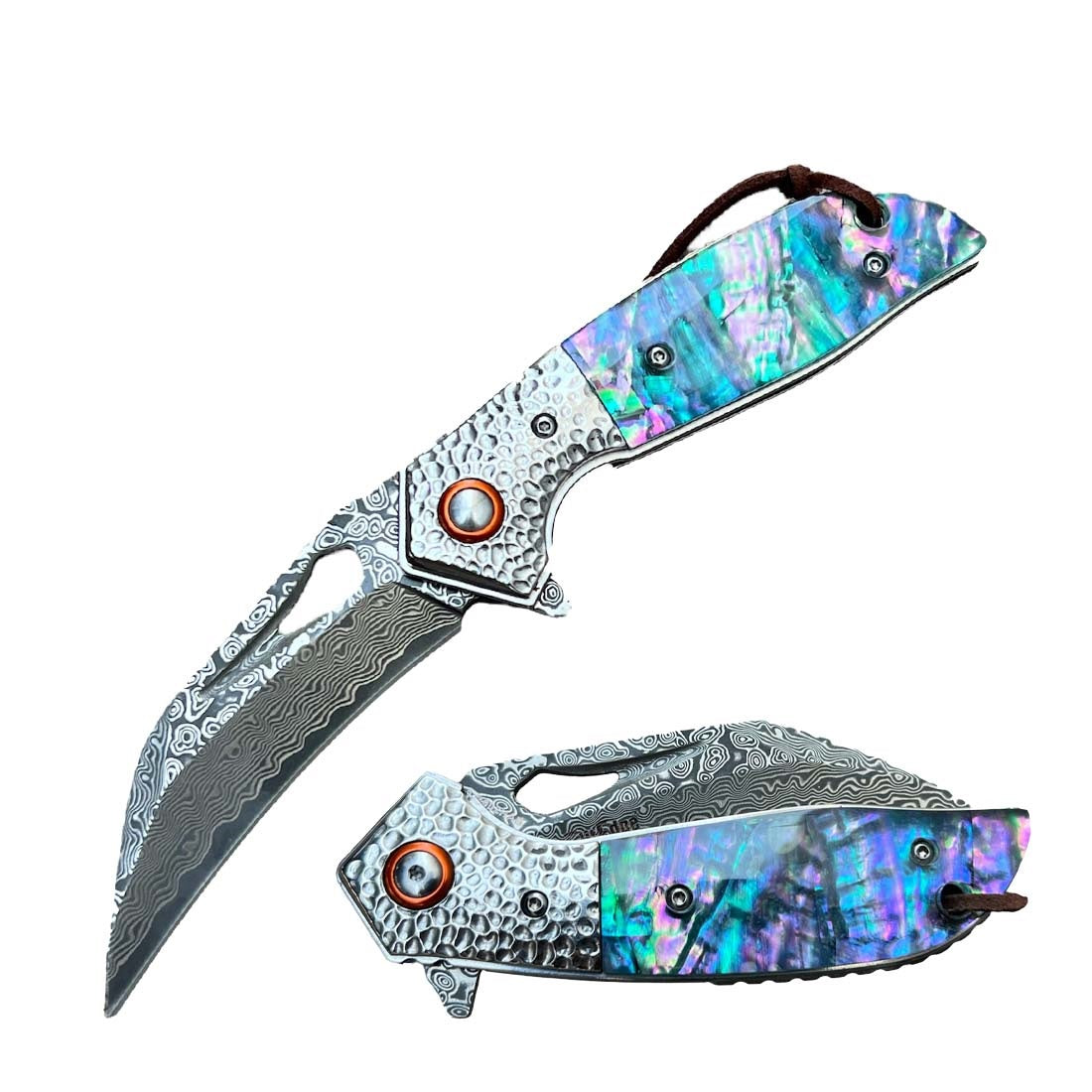 Ball Bearing Damascus Hawk Blade Pocket Knife - 2 Color Selection
