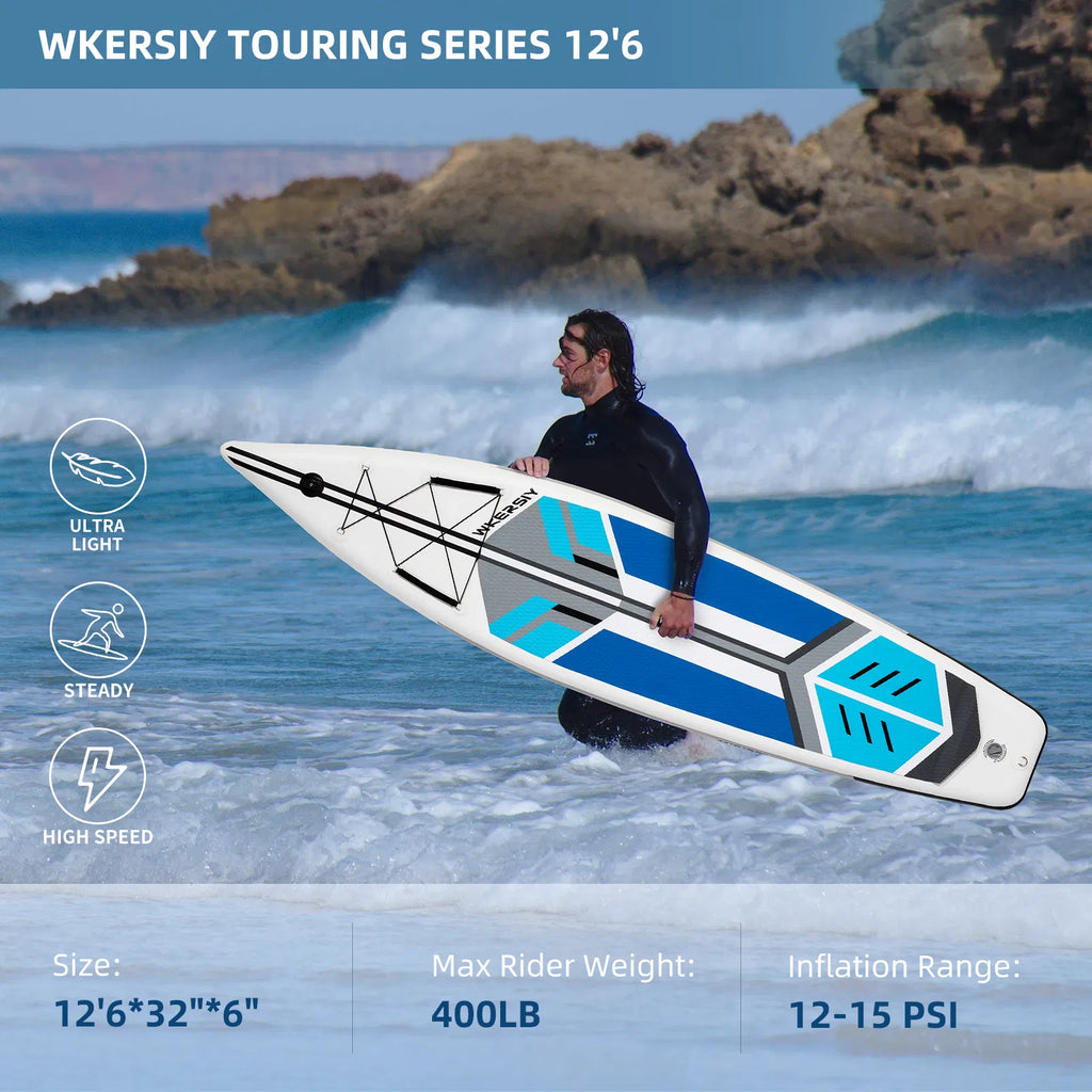 Wkersiy Touring Inflatable Paddle Board SUP – 11'6" / 12'6" with Paddle, Backpack, Pump & Leash