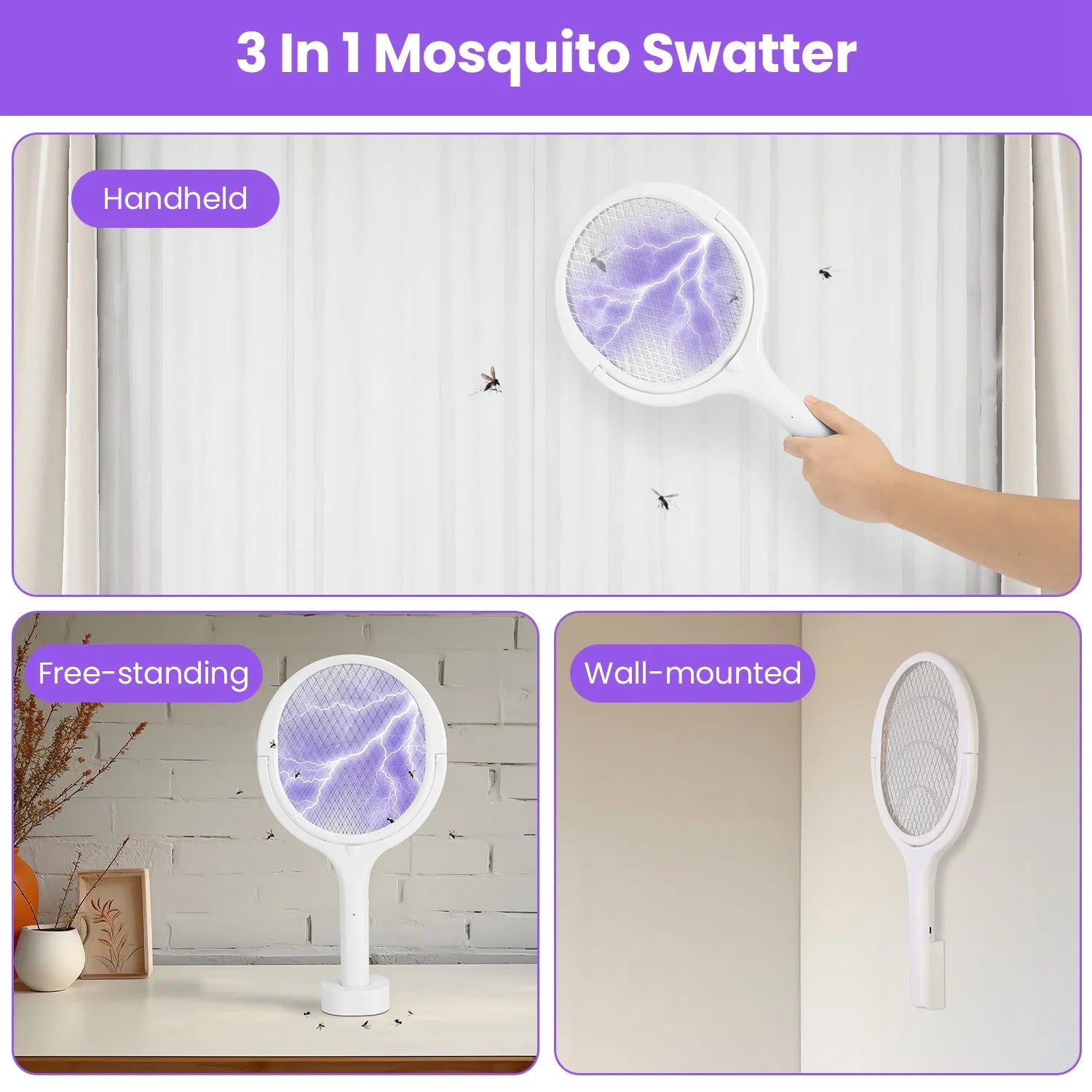 3-in-1 Rechargeable Electric Bug Zapper Racket