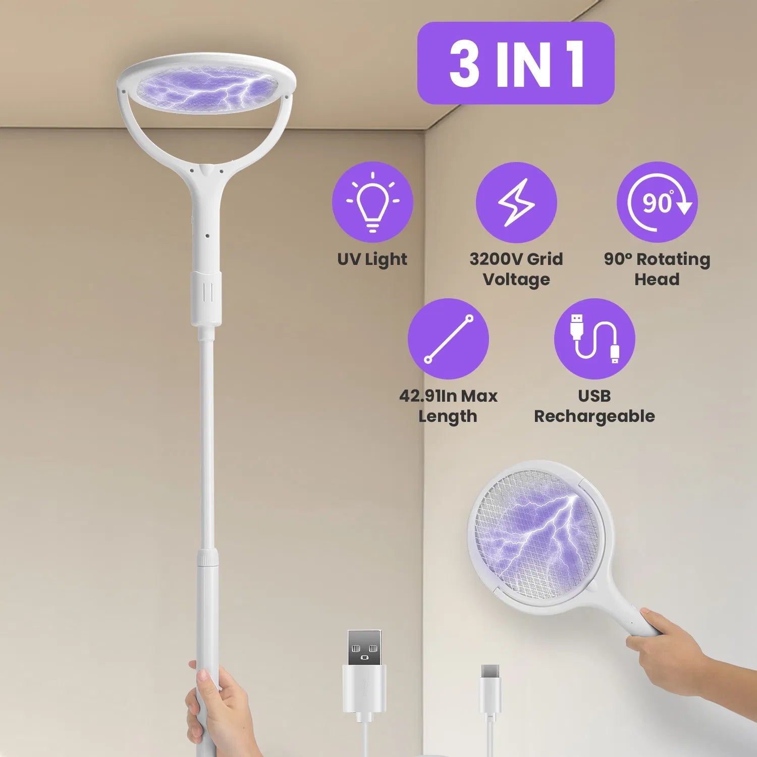 3-in-1 Rechargeable Electric Bug Zapper Racket