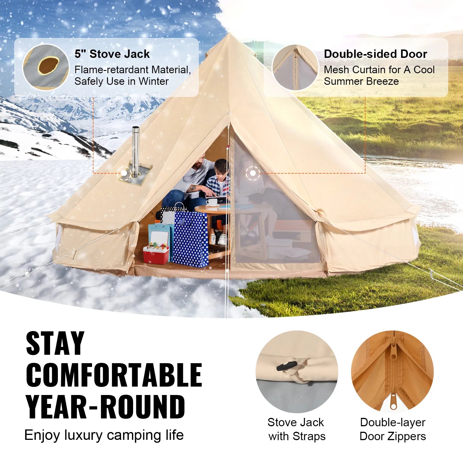 VEVOR Canvas Bell Tent, Waterproof with Stove Jack & Detachable Wall
