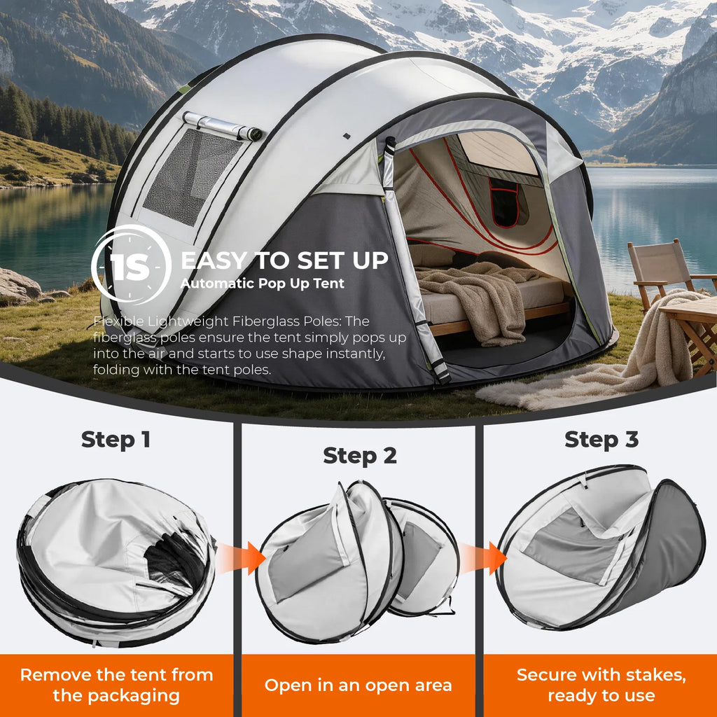 3–4 Person Instant Pop-Up Camping Tent with Front Awning