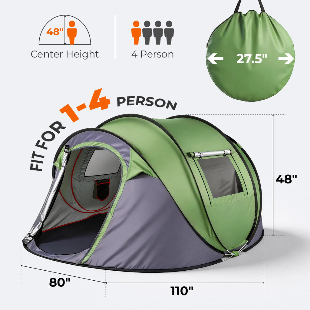 3–4 Person Instant Pop-Up Camping Tent with Front Awning