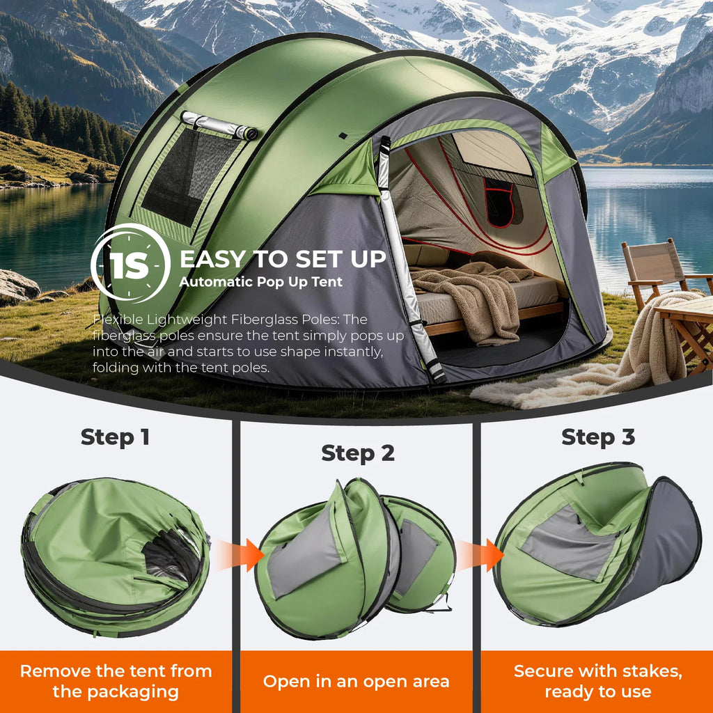 3–4 Person Instant Pop-Up Camping Tent with Front Awning