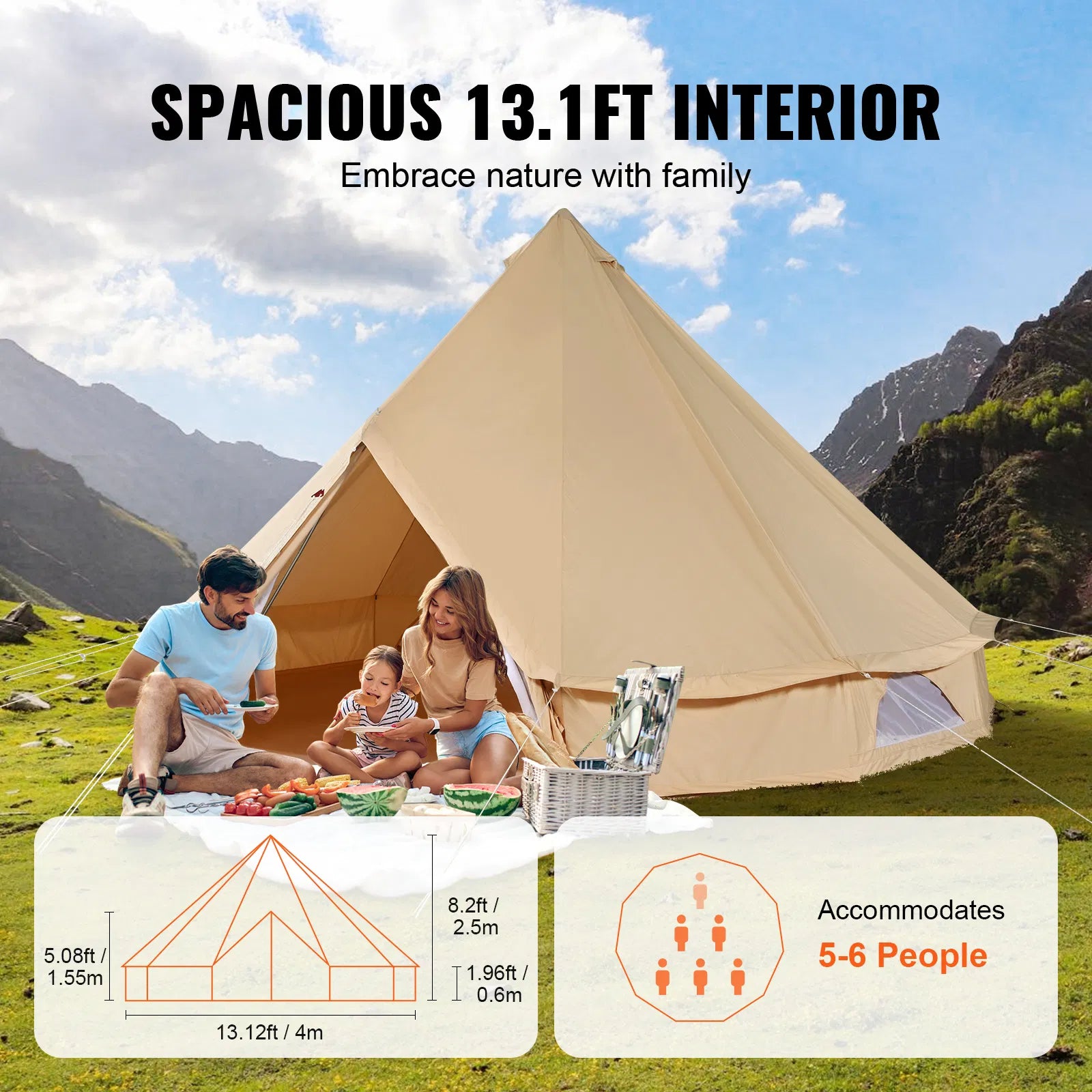 VEVOR Canvas Bell Tent, Waterproof with Stove Jack & Detachable Wall