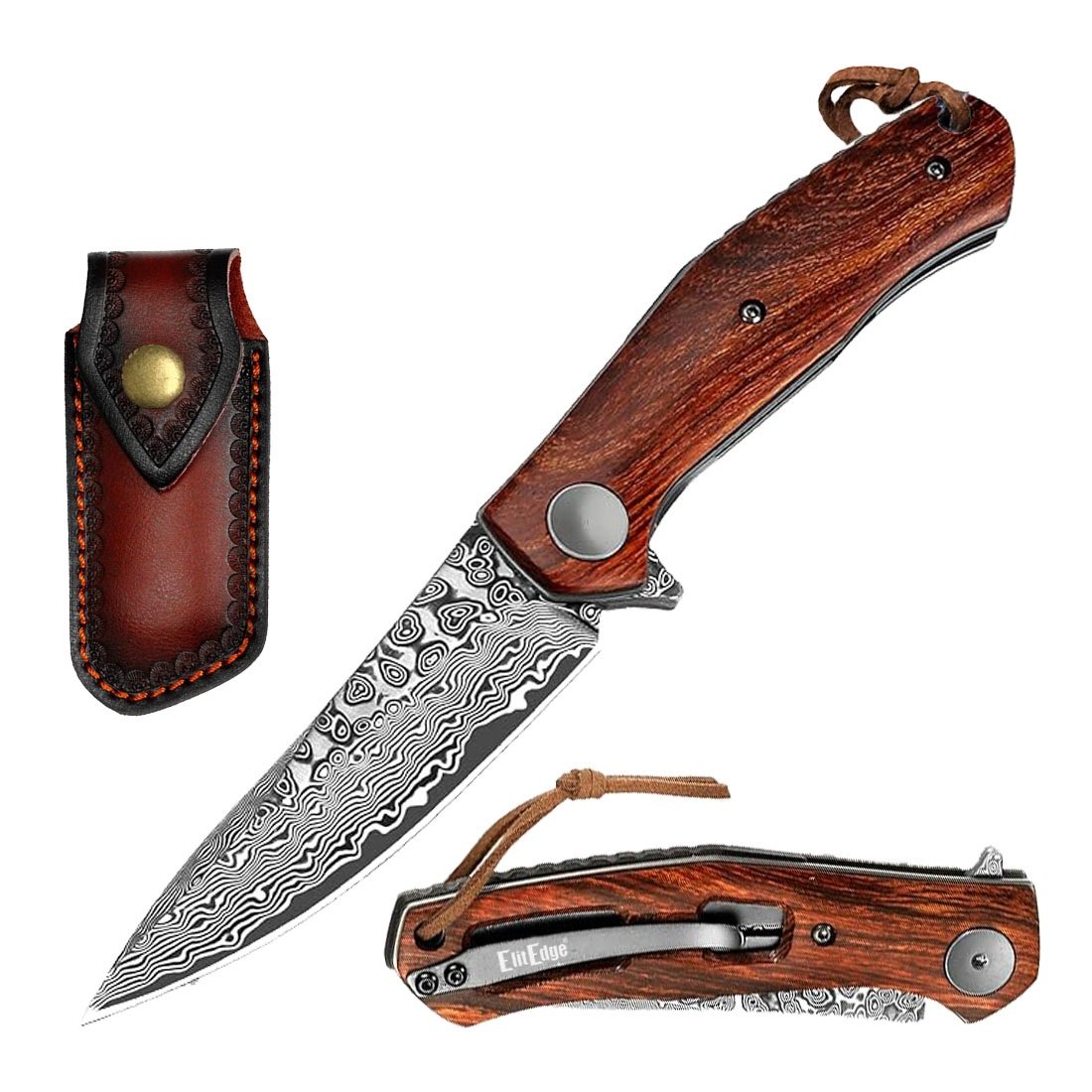 Ball Bearing Drop Point Damascus Blade Pocket Knife - 2 Color Selection