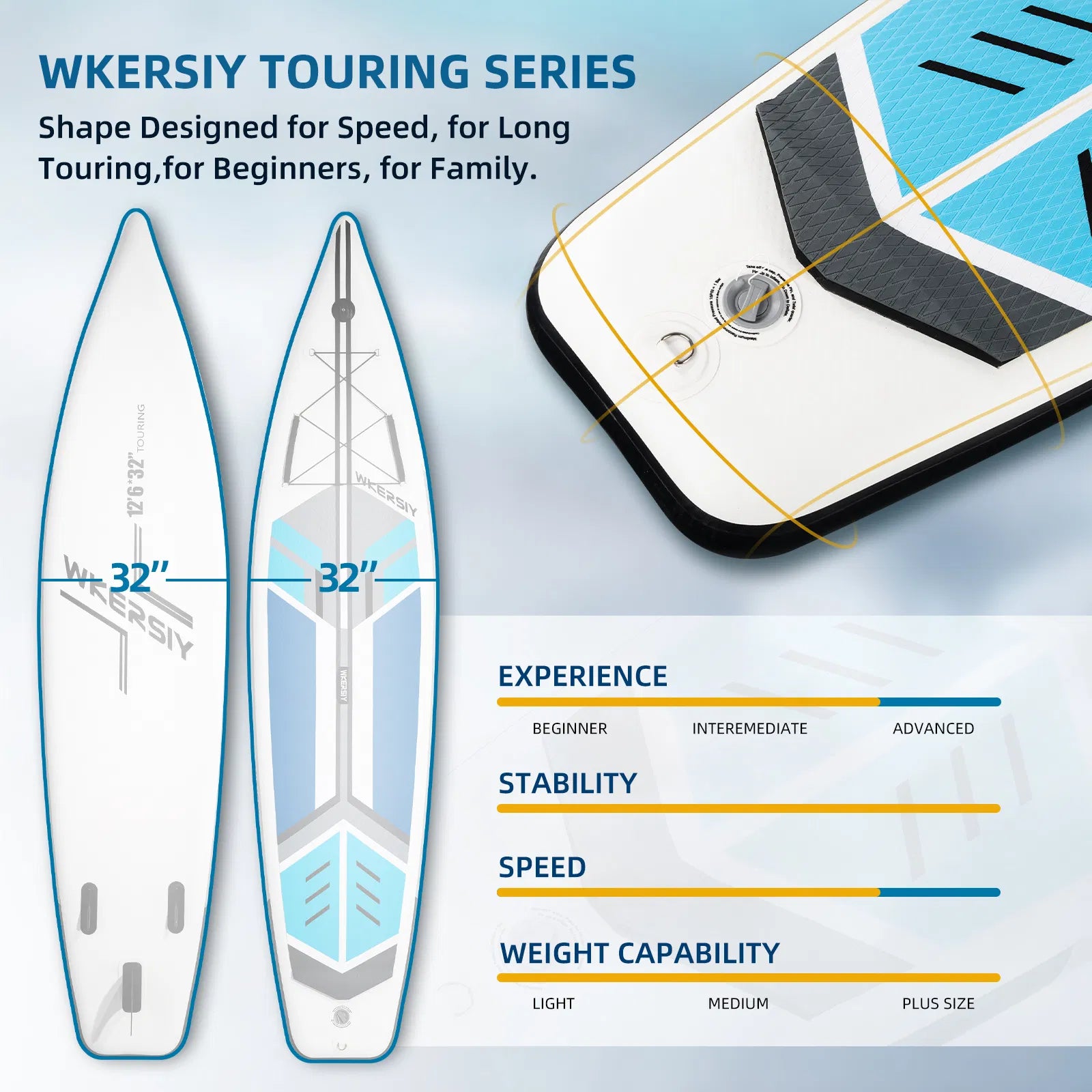 Wkersiy Touring Inflatable Paddle Board SUP – 11'6" / 12'6" with Paddle, Backpack, Pump & Leash