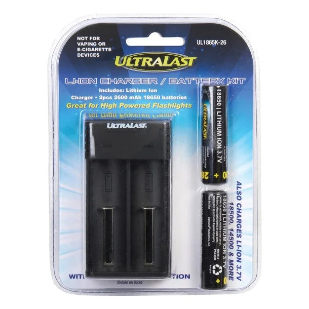 Ultralast UL1865K-26 18650 Lithium-Ion Charger & Battery Combo Kit – Dual-Slot Charger with Two 18650 Batteries