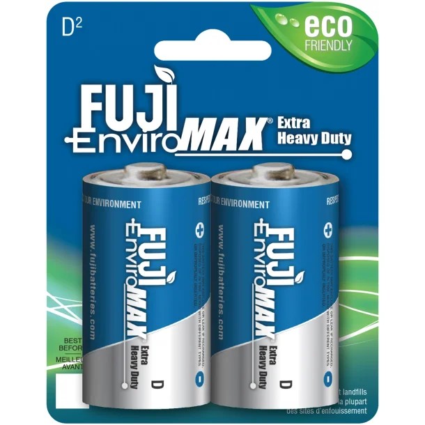 FUJI ENVIROMAX 3100BP2 EnviroMax D Extra Heavy-Duty Carbon Zinc Batteries – 1.5V, 2 Pack