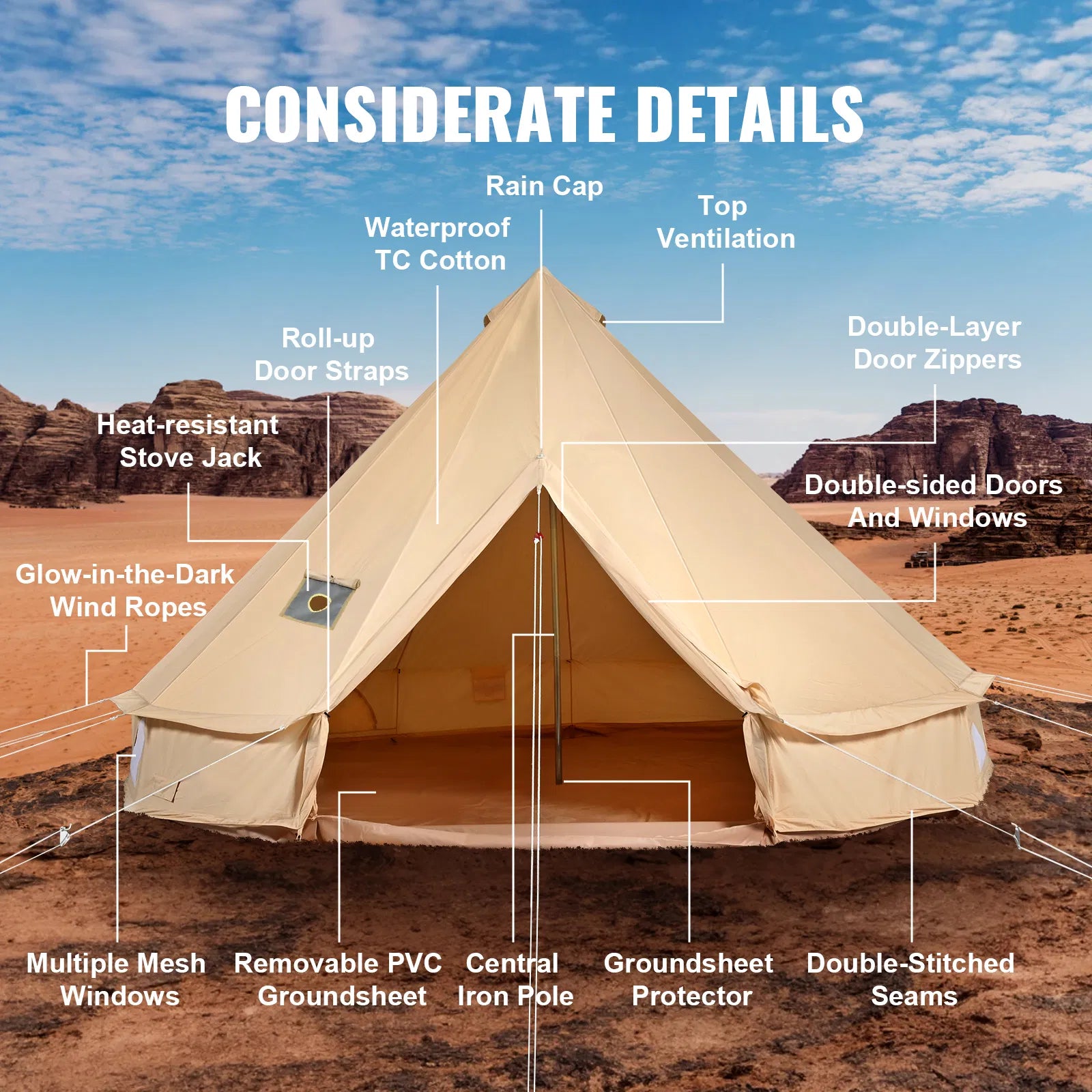 VEVOR Canvas Bell Tent, Waterproof with Stove Jack & Detachable Wall
