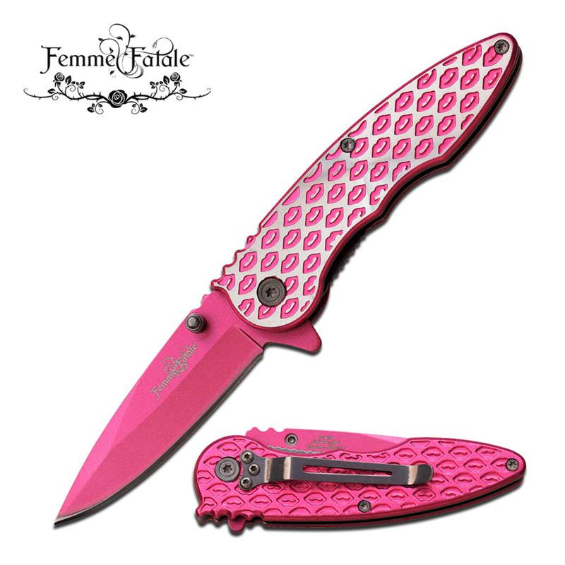 Femme Fatale SMOOCHES Assisted Open Pocket Knife Pink Blade Lips