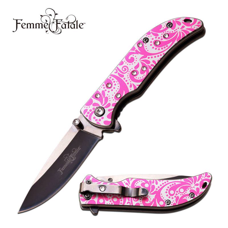 Pink Rhinestone Women Girl Lady Spring Assist Folding Pocket Knife