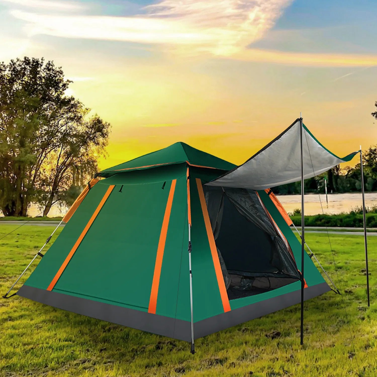 4-5 Person Waterproof Camping Tent with Mosquito Net Windows & Carry Bag, Blue