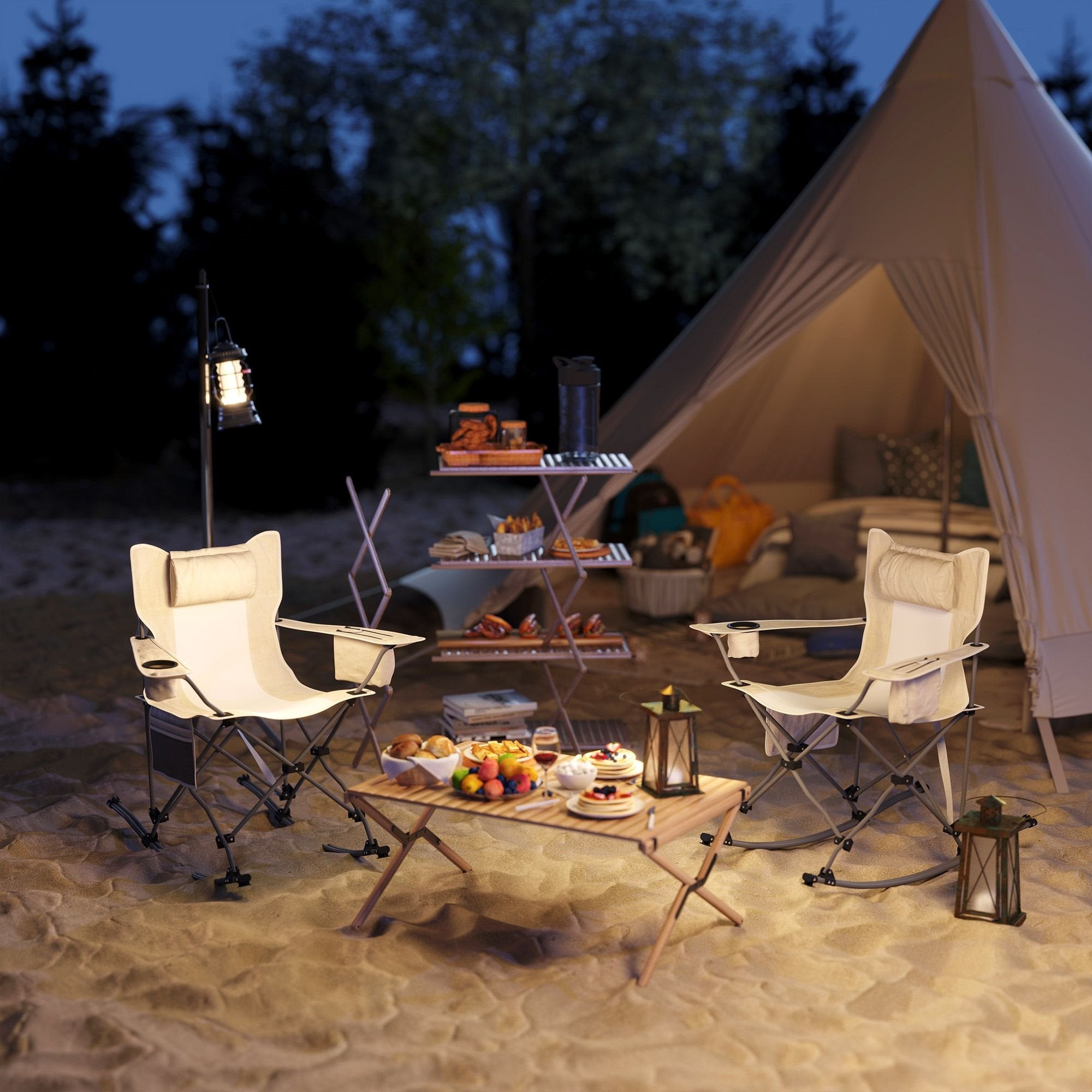 Folding Rocking Camping Chairs - Portable with Headrest, Cooler & Cup Holder