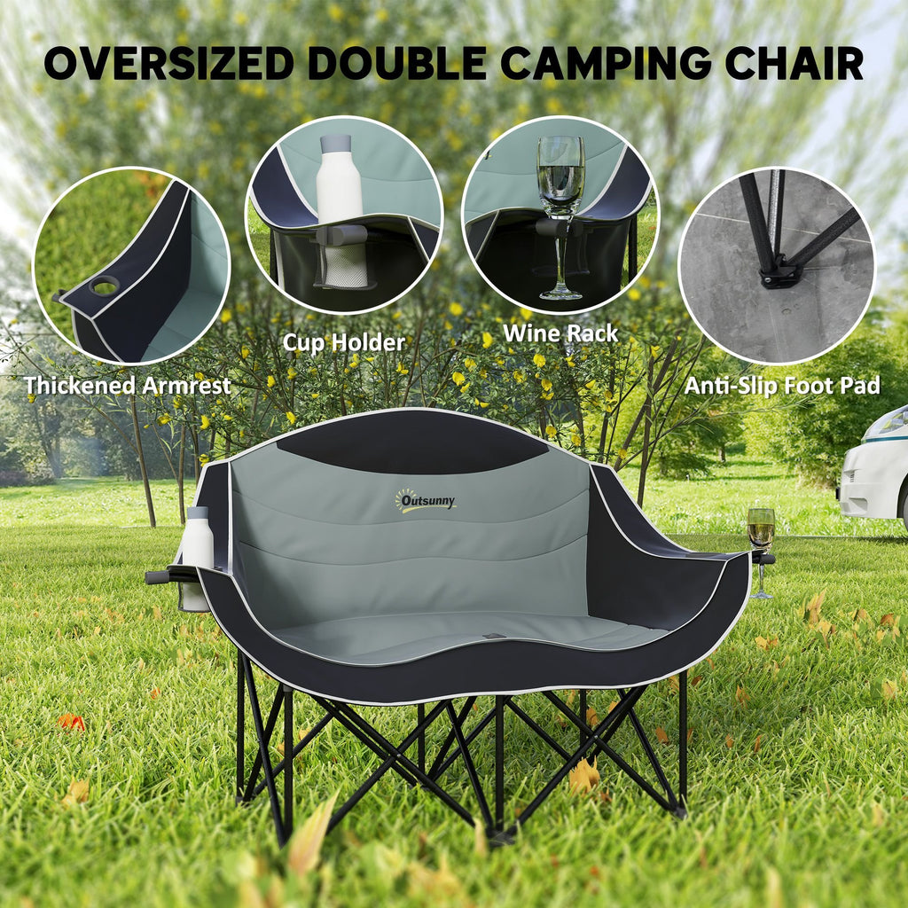 Padded Double Camping Chair - Folding with Armrests & Cup Holders