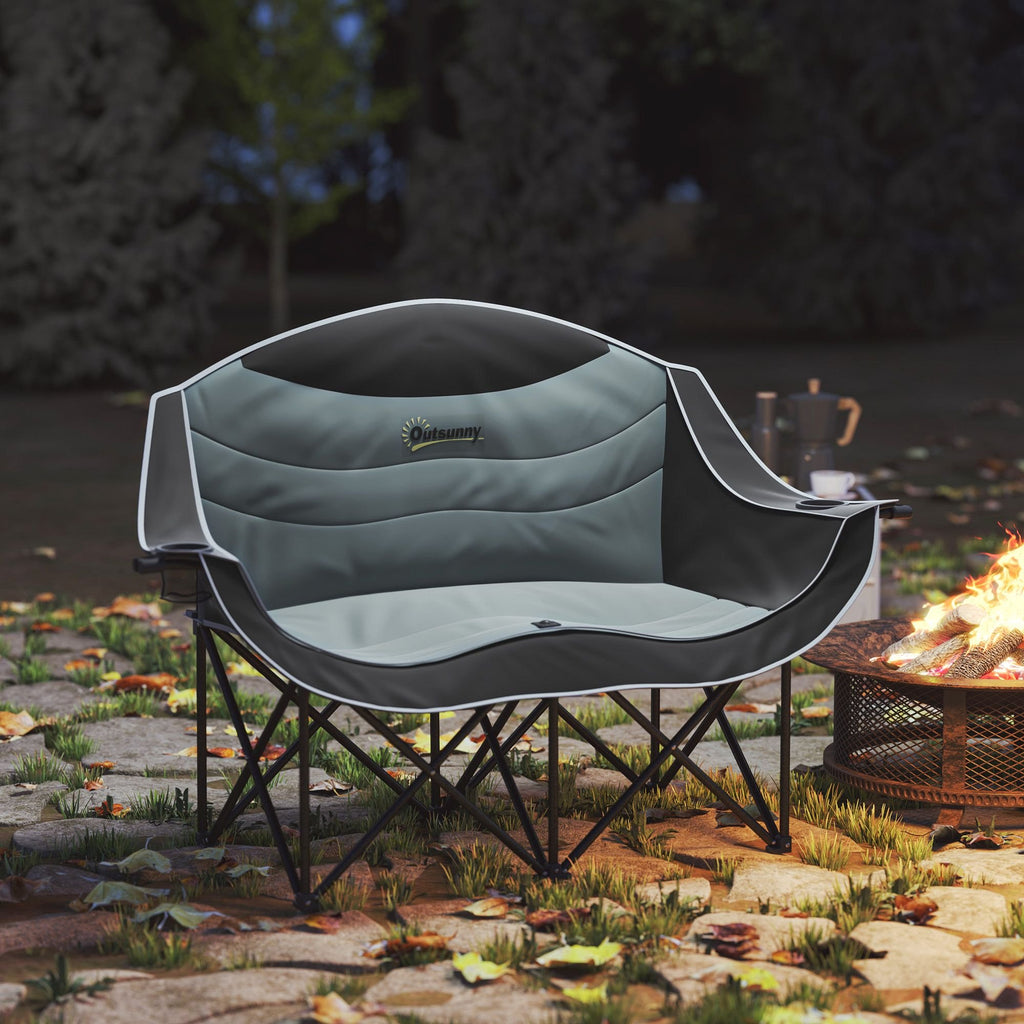 Padded Double Camping Chair - Folding with Armrests & Cup Holders
