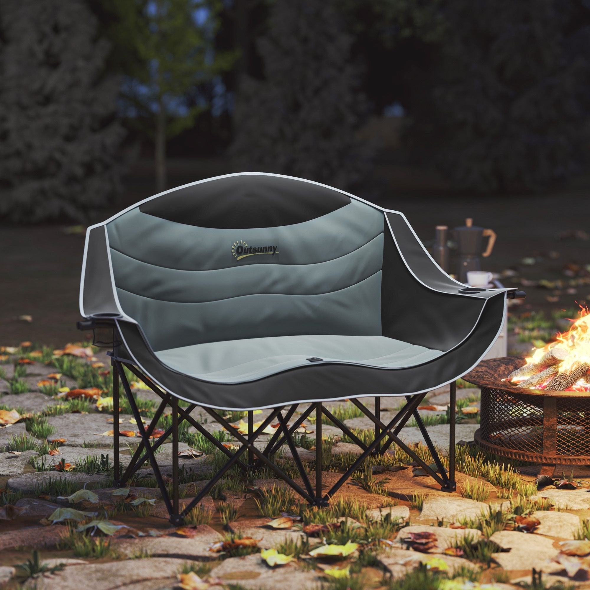 Padded Double Camping Chair - Folding with Armrests & Cup Holders
