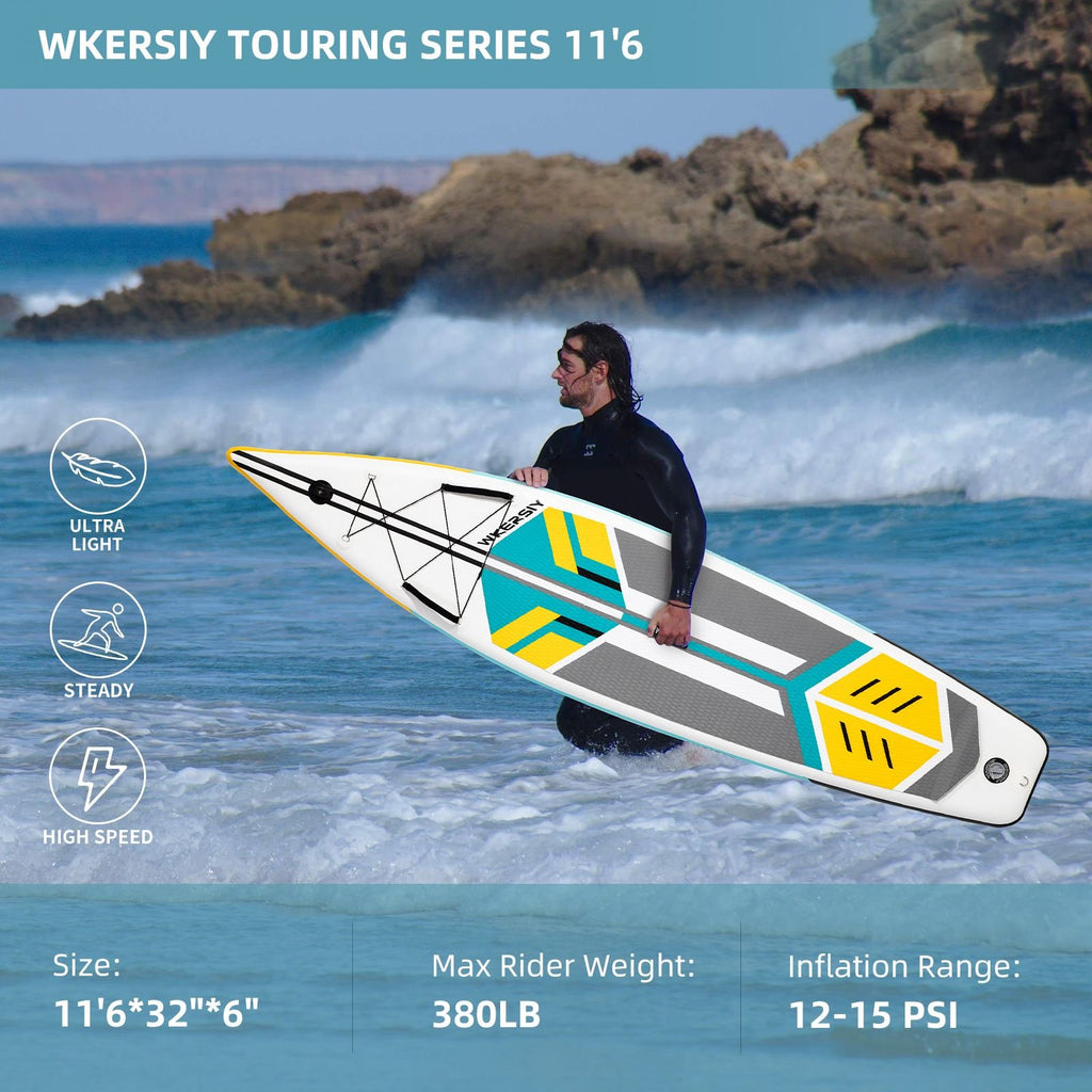 Wkersiy Touring Inflatable Paddle Board SUP – 11'6" / 12'6" with Paddle, Backpack, Pump & Leash