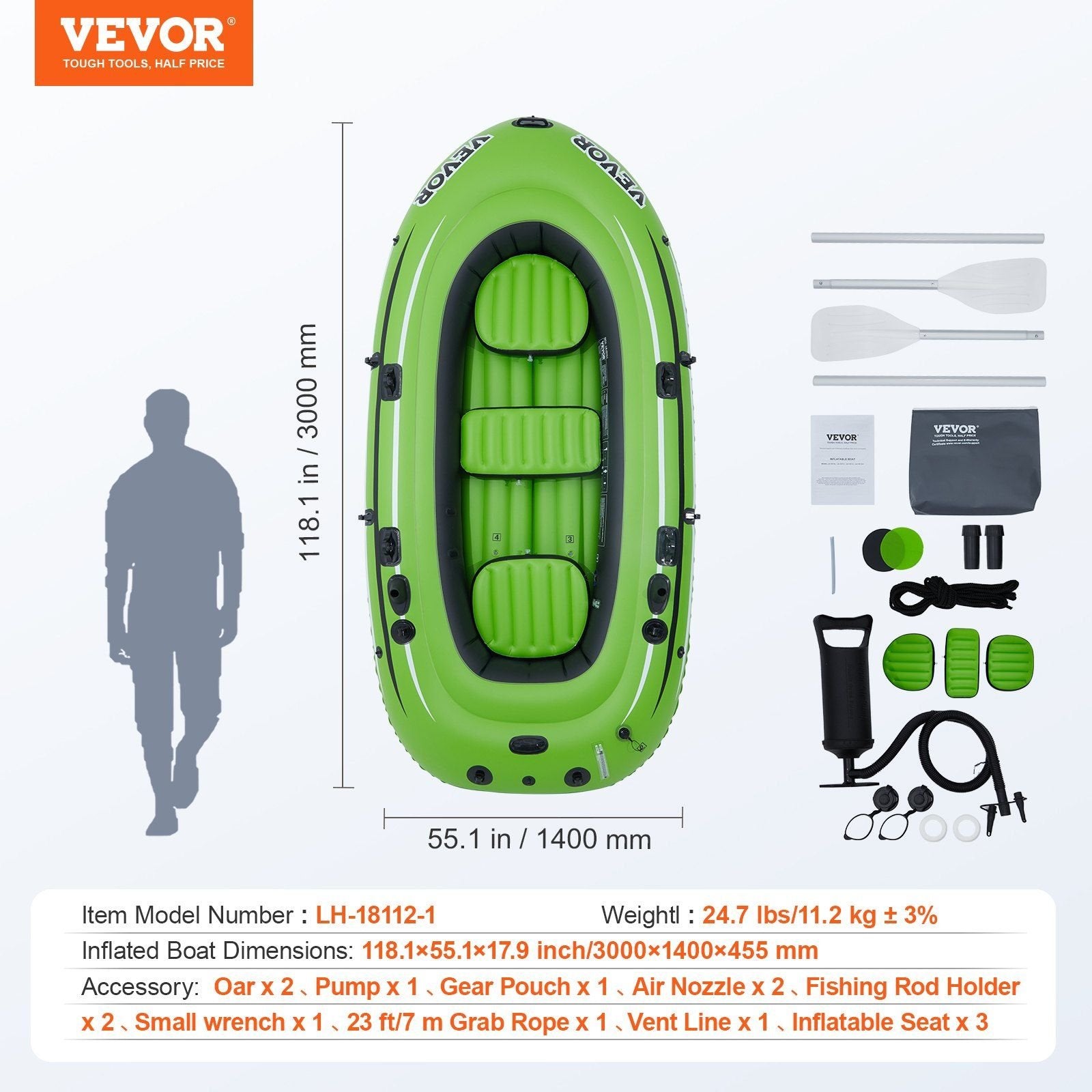 VEVOR Inflatable Fishing Boat – PVC Raft with Aluminum Oars, Pump, Rod Holders & 45.6" Aluminum Oars