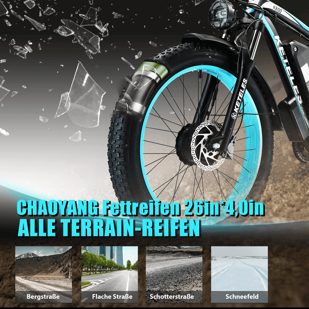KETELES Electric Bike – 48V 23AH Dual 1000W Motors, 26"x4.0 MTB
