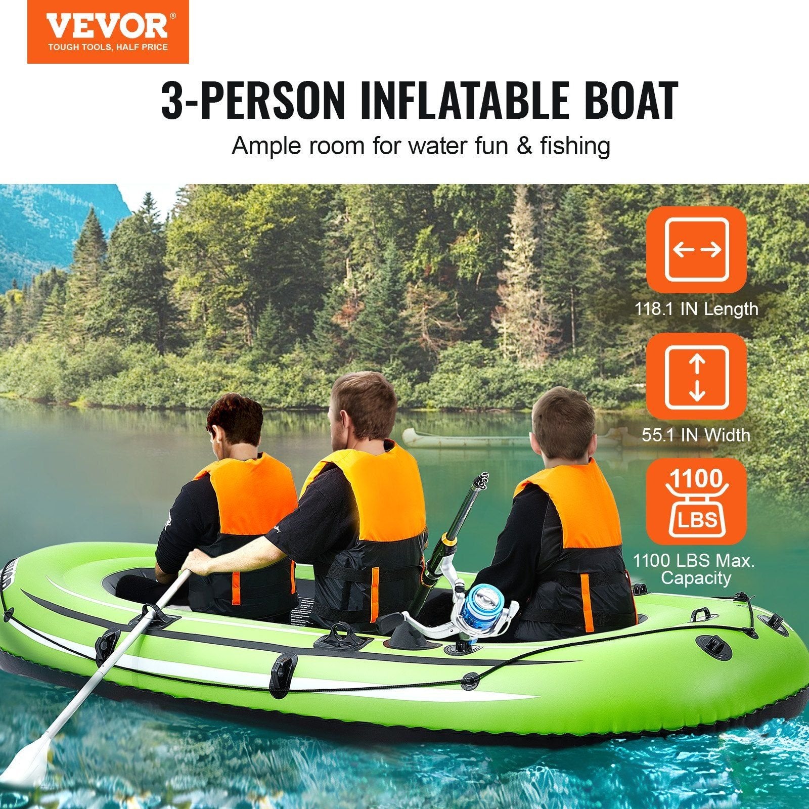 VEVOR Inflatable Fishing Boat – PVC Raft with Aluminum Oars, Pump, Rod Holders & 45.6" Aluminum Oars