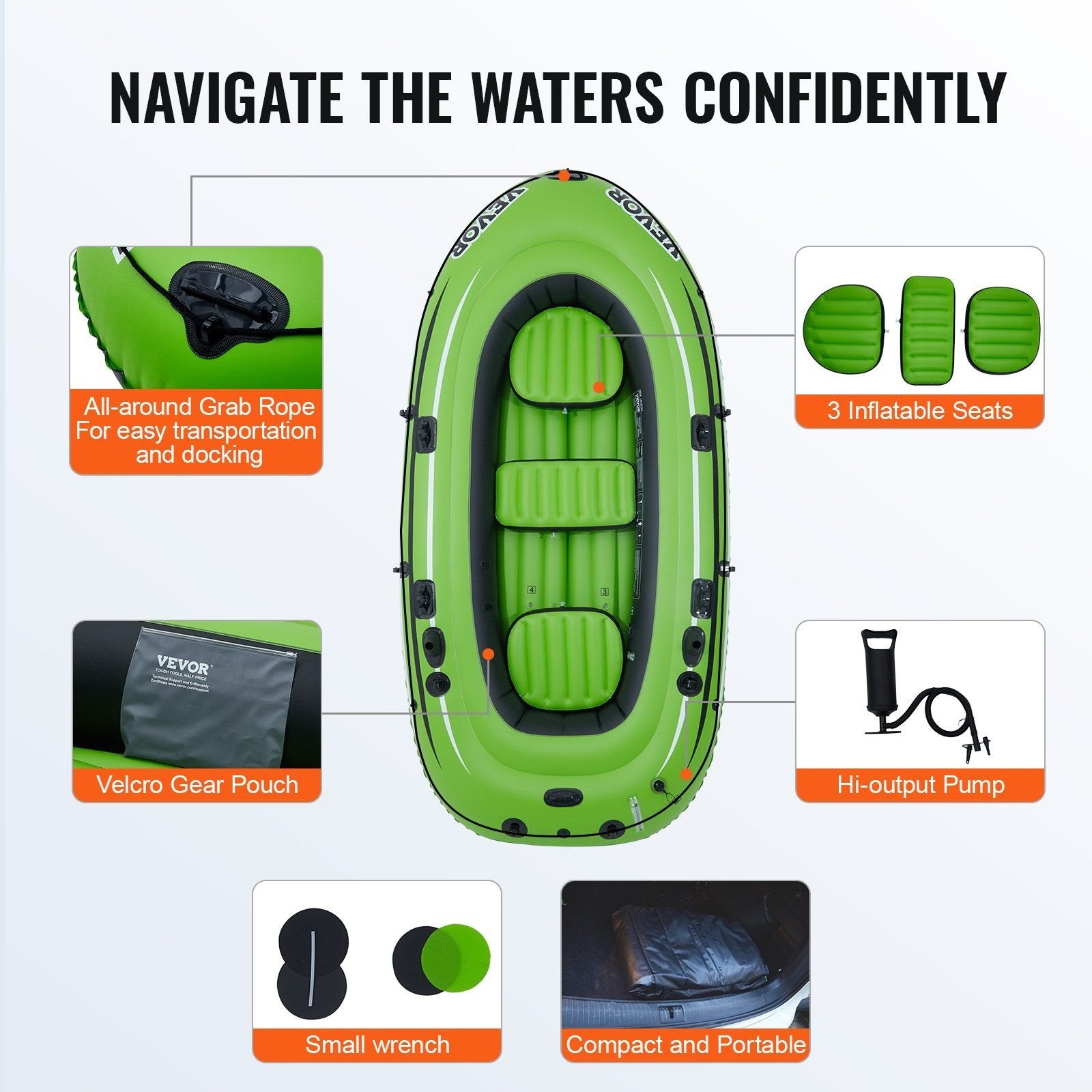 VEVOR Inflatable Fishing Boat – PVC Raft with Aluminum Oars, Pump, Rod Holders & 45.6" Aluminum Oars