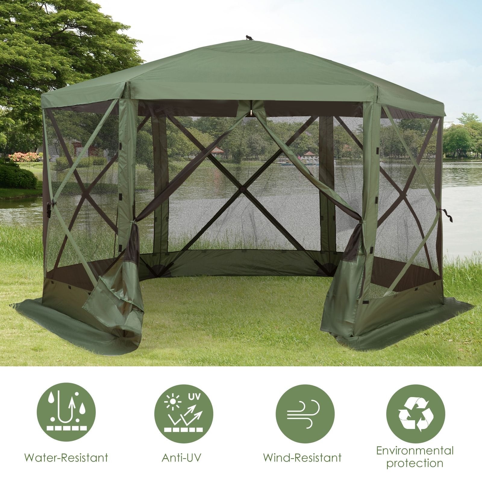Outsunny 12'x12' Hexagon Pop-Up Party Tent Gazebo – Mesh Netting Walls & Shaded Interior