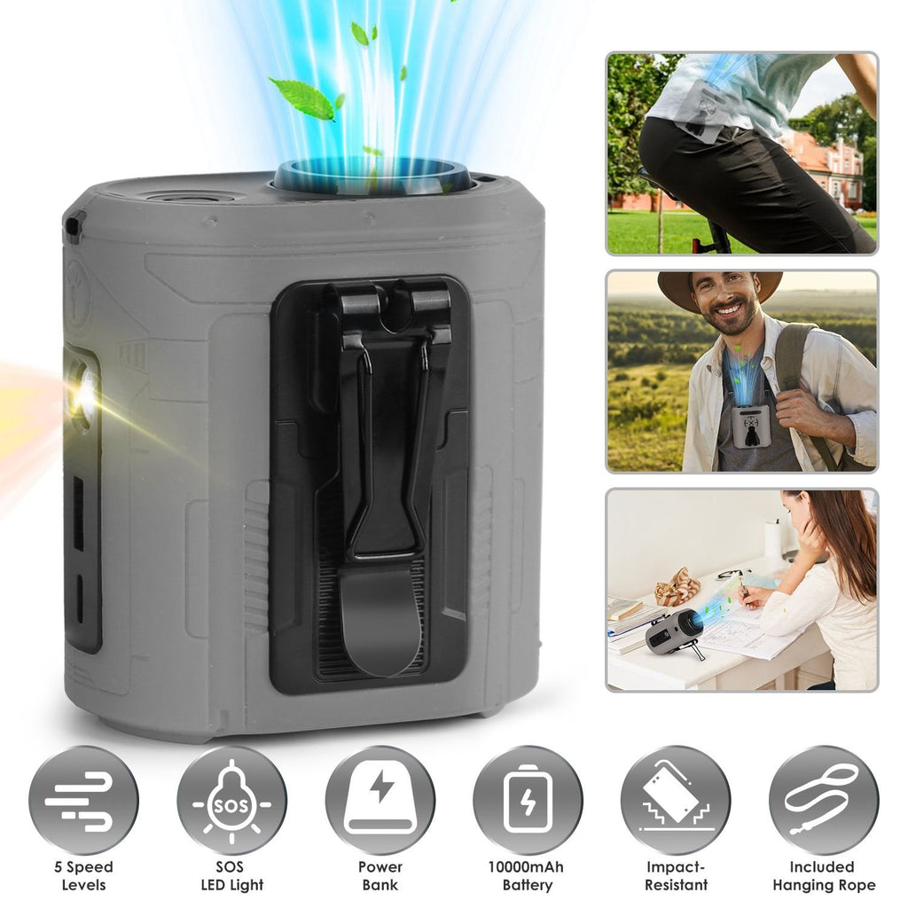 5-in-1 Wearable Waist Clip Fan – 10,000mAh Rechargeable Portable Fan with 5 Speeds, LED Flashlight & Emergency Power Bank