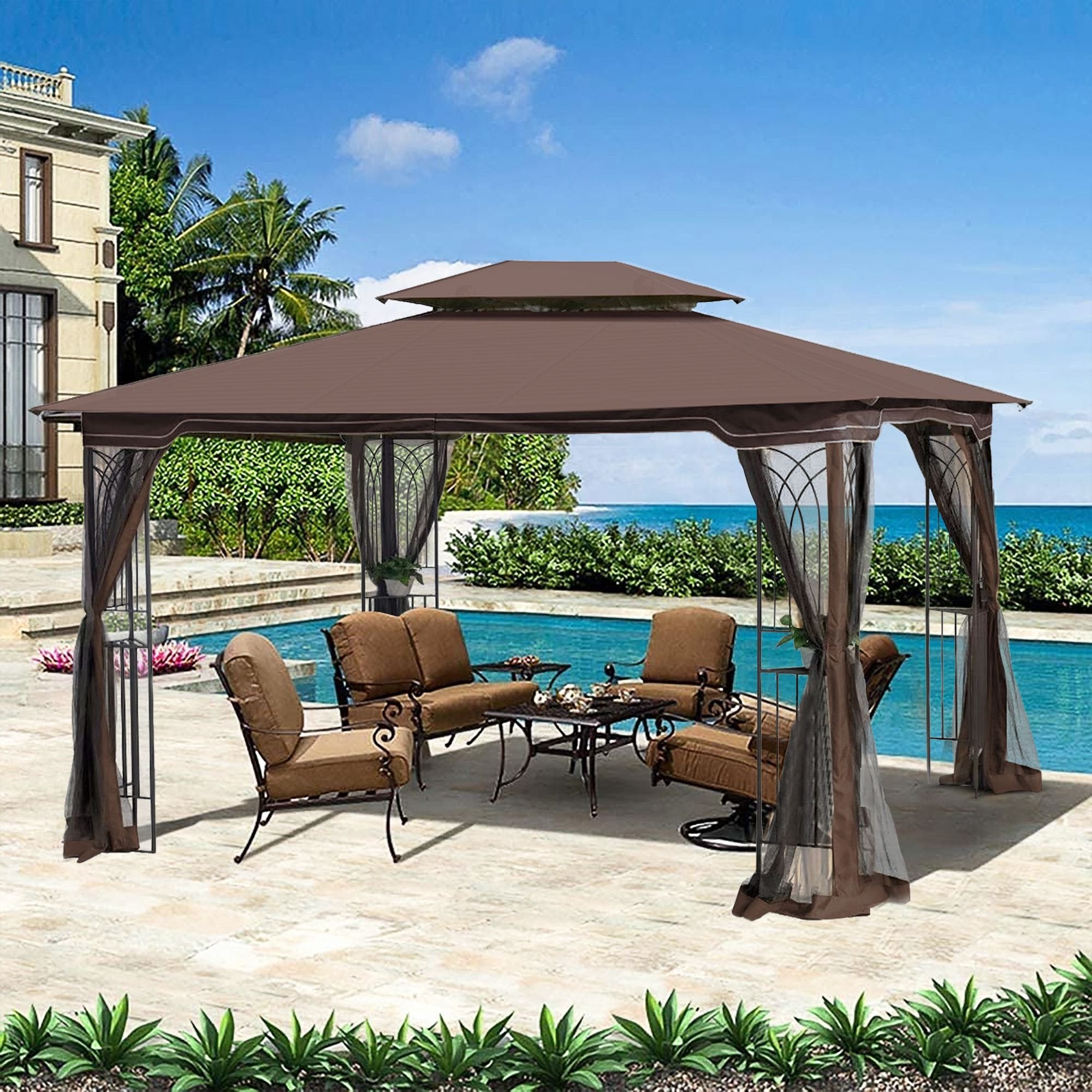 13' x 10' Patio Gazebo Canopy - Double Roof with Mosquito Netting