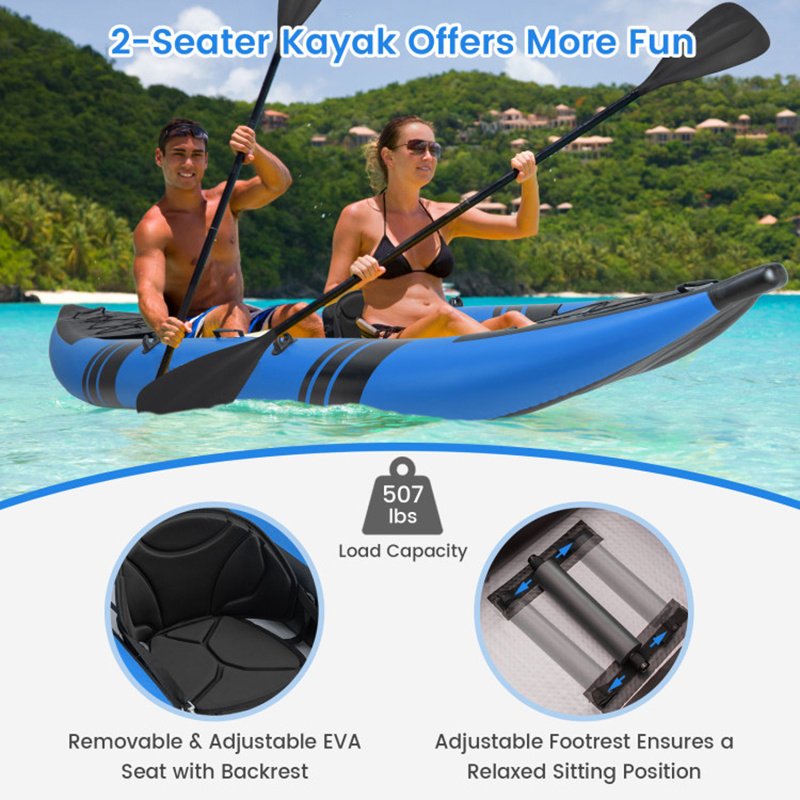 Inflatable 2-Person Kayak Set – Heavy-Duty PVC Kayak with Aluminum Oars, Adjustable Seats & Repair Kit