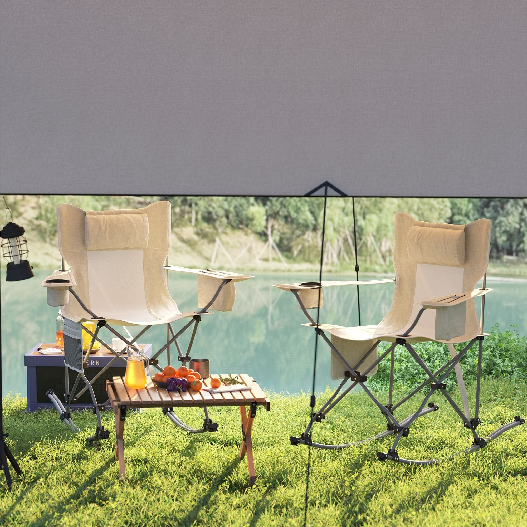 Folding Rocking Camping Chairs - Portable with Headrest, Cooler & Cup Holder